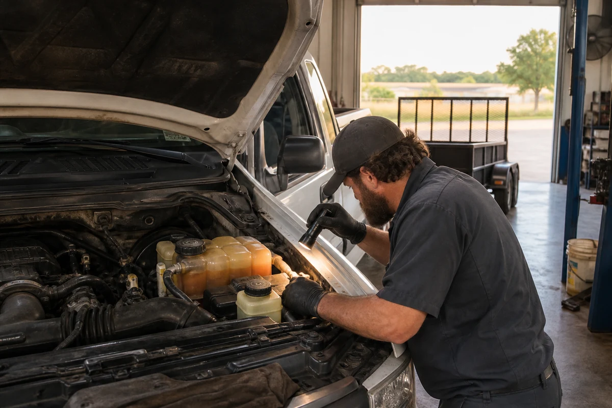Technician inspecting a diesel pickup engine bay before towing in hot weather
